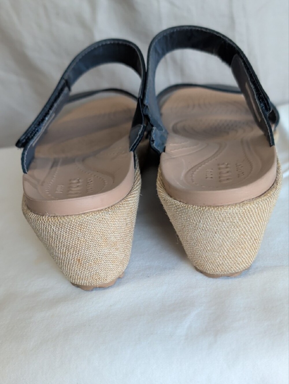 CROCS Black Leather Dual-Strap  Slide Sandals with Tan Wedge Resort Boho Wear - Picture 6 of 8